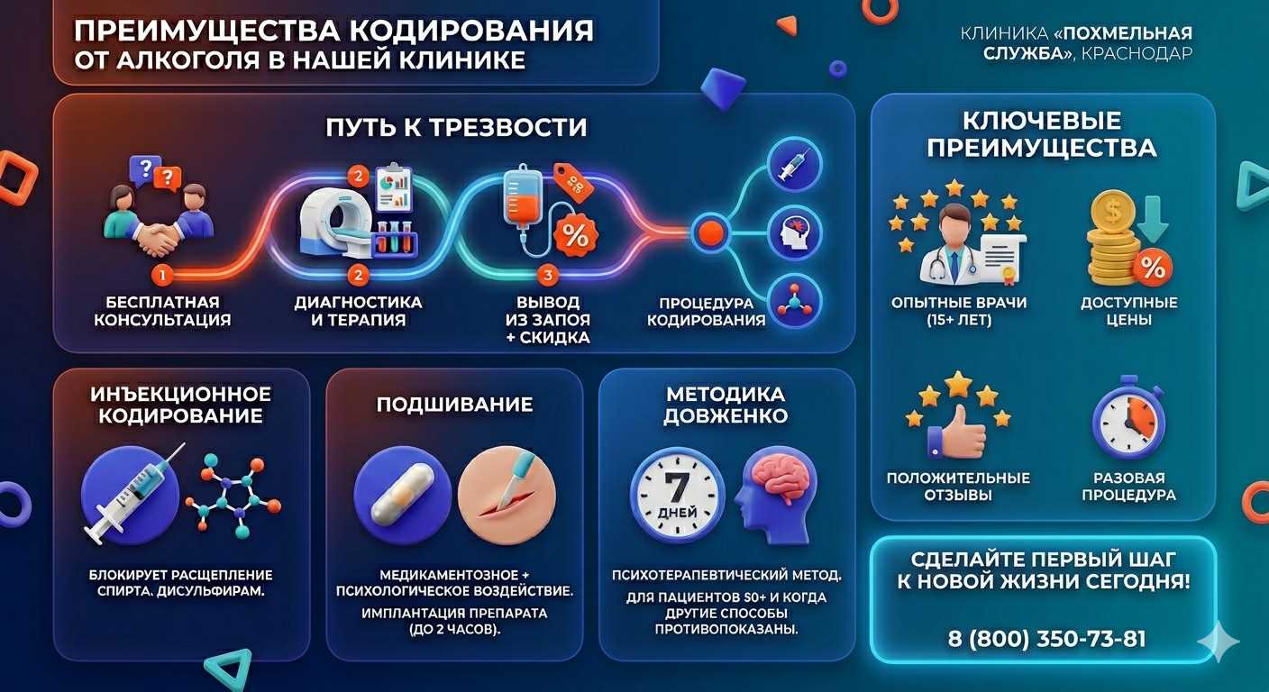 Инфографика о методах кодирования от алкоголя в Малмыже: инъекции, подшивание, метод Довженко. Преимущества клиники и этапы лечения.
