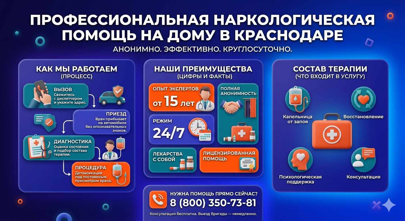 Инфографика о принципах лечения алкоголизма на дому в Малмыже: этапы вызова нарколога, преимущества анонимной детоксикации и состав медицинской помощи.